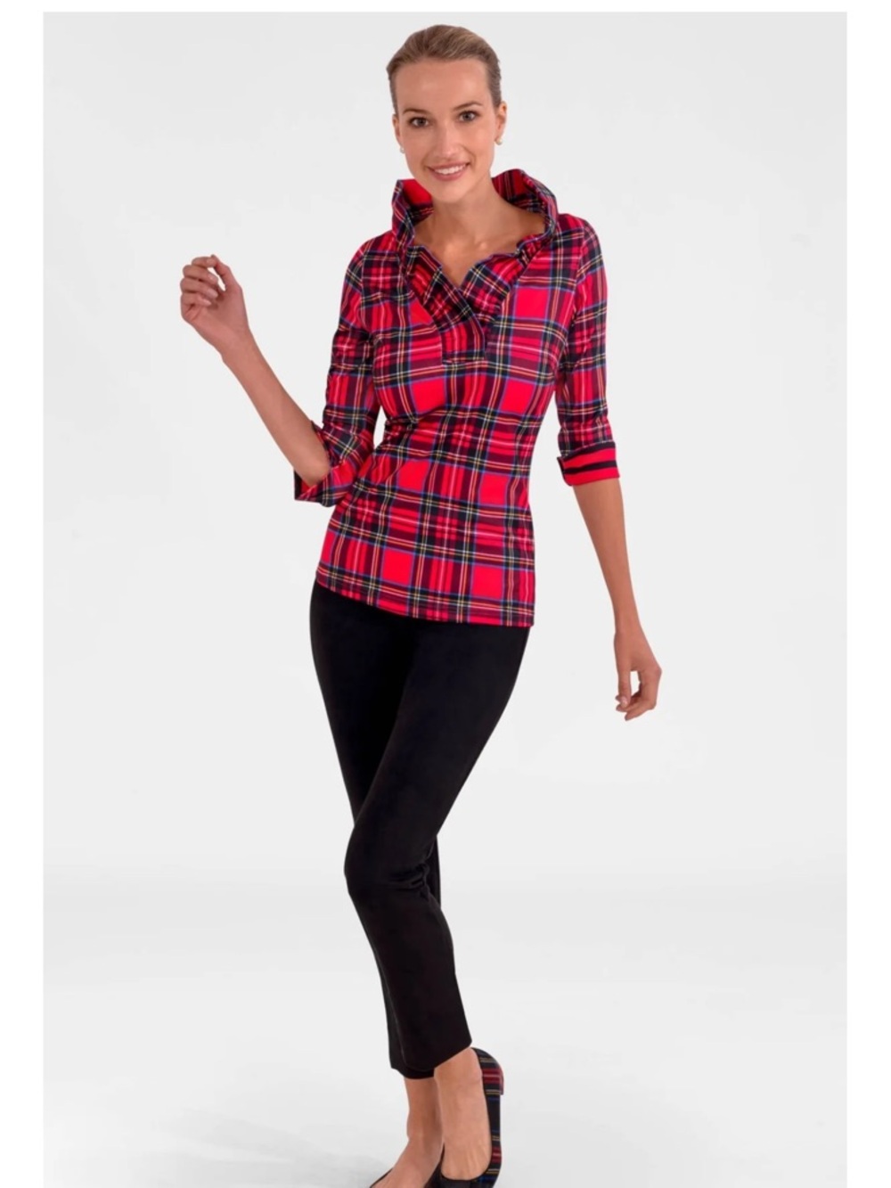 Gretchen Scott Red Plaid Ruff Neck Top | 3/4 Sleeve Preppy Blouse Size Large - Picture 4 of 9